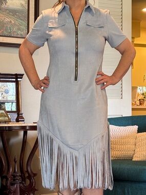 Light Blue Faux Suede Fringe Short-Sleeve Dress with Front Zip